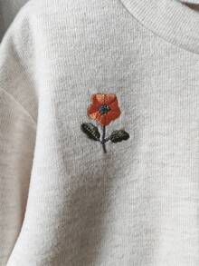 SHEIN Vintaside Kids 女婴花卉刺绣圆领运动衫和裤子休闲装，秋季 - 米色 - 查看 6