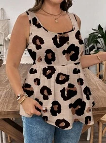 SHEIN LUNE Áo kiểu mùa hè dành cho nữ cỡ lớn, họa tiết da báo, đính cúc, thêu họa tiết dập nổi, viền bèo nhún, thích hợp để đi chơi. - Màu Khaki - Xem 4