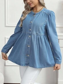 SHEIN 孕妇休闲牛仔夹克，单排扣荷叶边下摆，秋季