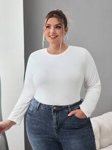 SHEIN CURVE+ 加大码女式纯色圆领休闲修身长袖 T 恤 3 件套装，适合春秋冬 - 彩色 - 查看 3