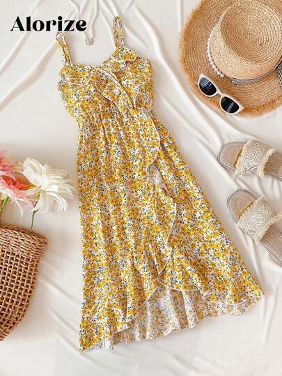 Holiday,Summer,TravelTween Girl' Casual & Elegant Ditsy Floral Sleeveless Ruffle Hem Chiffon Dress, Suitable For Vacation, School, Spring And Summer Young Girls Spring Dresses