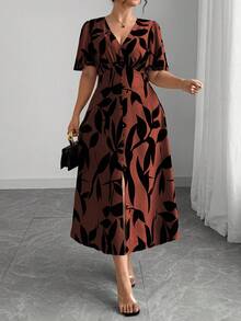 Vestido de mujer de elegancia francesa, versátil, con escote en V, cintura ceñida, línea A, decoración con botones, volante en el bajo, manga farol hasta la mitad, adecuado para ir al trabaj - Óxido marrón - Ver 5