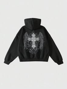 ROMWE MEN Goth Men's Autumn Wing & Cross Print Zip-Up Hoodie Sweatshirt - Black - View 1