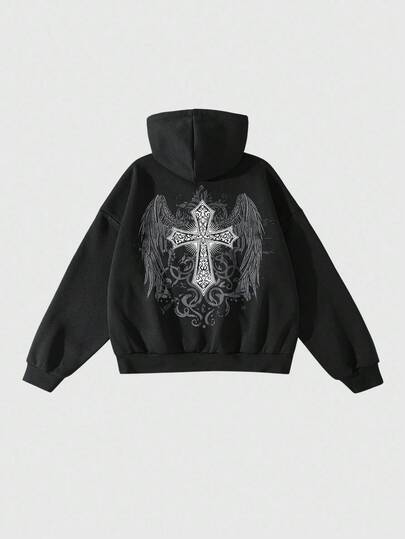 Street Life Men's Autumn Wing & Cross Print Zip-Up Hoodie Sweatshirt