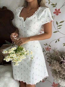 CottageSlumber Jacquard Floral Lace Trim Fitted Mini Nightgown For Women Babydoll Pajama Set Lace Pajama Set Lace Pj Set Summer Pj Set Two Piece Sleepwear Set Goth  Cozy And Elegant Details - White - View 7