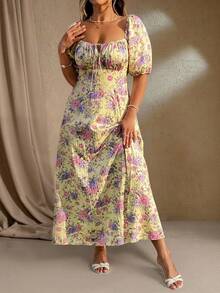 Flirla Plus Size Boho Simple Casual Floral Print Everyday Dress, For Summer - Yellow - View 3