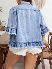 EMERY ROSE Plus Size Casual Washed Frayed Denim Jacket New Autumn And Winter Romantic Ruffled Three-Quarter Sleeve Loose Denim Jacket - Light Wash - View 2