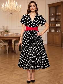 SHEIN Unity 大码女式短袖 V 领波尔卡圆点印花褶皱撞色连衣裙，适合夏季、返校、毕业典礼、节日、情人节、音乐节、母亲节、万圣节、感恩节、复活节、国庆节、舞会、约会、派对、婚礼、户外旅行