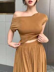 DAZY 2件套女士不对称肩部T恤和阔腿裤，女士休闲连衣裙，生日女士服装，女士加大码服装，正式女士生日套装，女士家居服套装 - 棕色 - 查看 5
