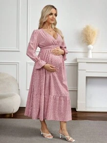 SHEIN Maternity Ditsy Floral Fashionable Versatile Ruffle Cuff Dress - Watermelon Pink - View 4