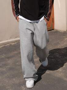 DAZY 男士纯灰色直筒抓绒运动裤，街头风，秋冬男士慢跑裤商务装 - 灰色 - 查看 7