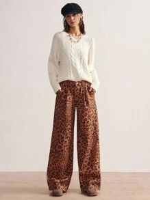 Bohemela Women's Pleated Pocket Leopard Print Wide Leg Loose Casual Jeans,Brown Summer Streetwear Night Out Animal Cheetah Print Pants Clothes - Brown - View 8