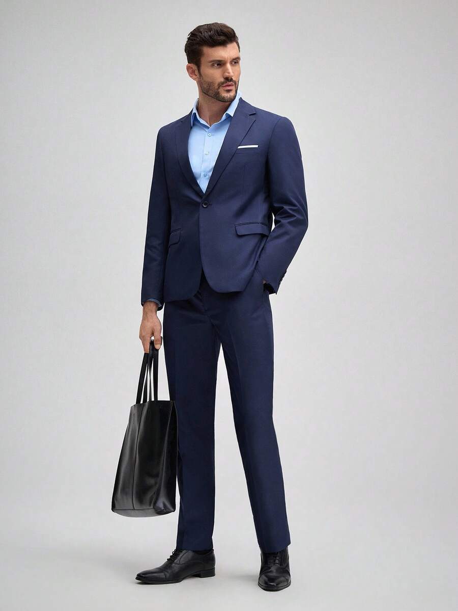 Officeau 男士四季优雅翻领长袖西装外套及西裤套装，商务正装，正式商务套装，经典富贵风格西装搭配西裤 - 藏蓝色 - 查看 1