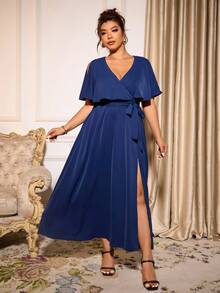 Cravure Vestido formal de talla grande para mujer, nuevo éxito de , de unicolor, con escote en V profundo, hombros abiertos, cintura con lazo, vestido elegante y estilizado para dama de honor, boda, fiesta, ocasión formal, fiesta, cumpleaños, cita nocturna - azul real - Ver 3