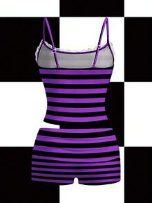 Y2Kool Vecteezy 紫色和黑色撞色条纹标语万圣节哥特风Y2K蕾丝拼接两件套，适合秋冬派对、休闲装、条纹套装、锐舞服装、紫色条纹套装、两件套背心套装、坏女孩服装、Emo服装 - 紫色 - 查看 2