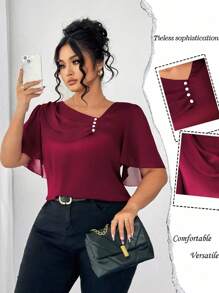 SHEIN Elenzya Camisa elegante y casual de manga corta con cuello con volantes asimétrico, decoración con botones y talla grande - Burdeos - Ver 7