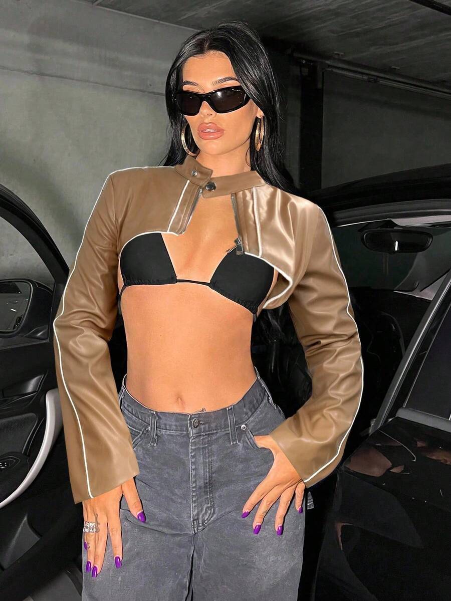 SHEIN ICON 秋冬时尚撞色修身短款夹克皮革短款上衣 - 卡其色 - 查看 1