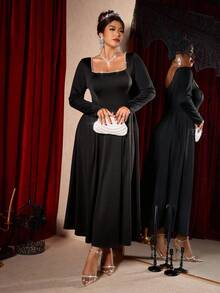 Elenzga Plus Size Women Pearl Decor Square Neck Long Sleeve Elegant Party Dress Fall Cloth For Women - Black - View 4