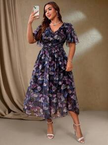 Roveilla 大码 V 领短袖全印花休闲 A 字形连衣裙 - 紫色 - 查看 5