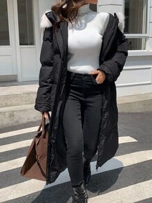 DAZY Women's Faux Fur Collar Hooded Long Sleeve Padded Coat, Autumn/Winter - Black - View 8