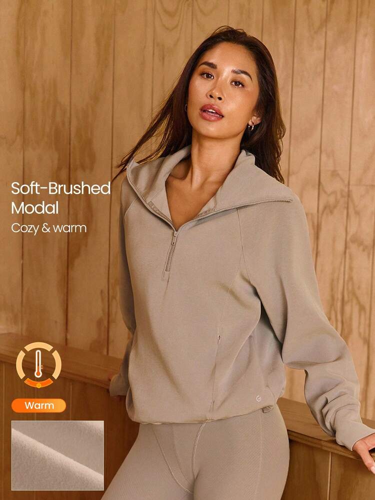 Modal Get Comfy Ultra-Soft Smooth Loose Fit Contour Seams Adjustable Hem Zipper Pockets Half-Zip Pullover Daily Casual Wear Fall Winter