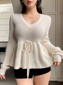 DAZY Women's Solid Color Elegant Commuter Ruffled Splice Drawstring Tie Waist V-Neck Floral Splice Pullover Knit Sweater, Long Sleeve, Autumn/Winter - Beige - View 8