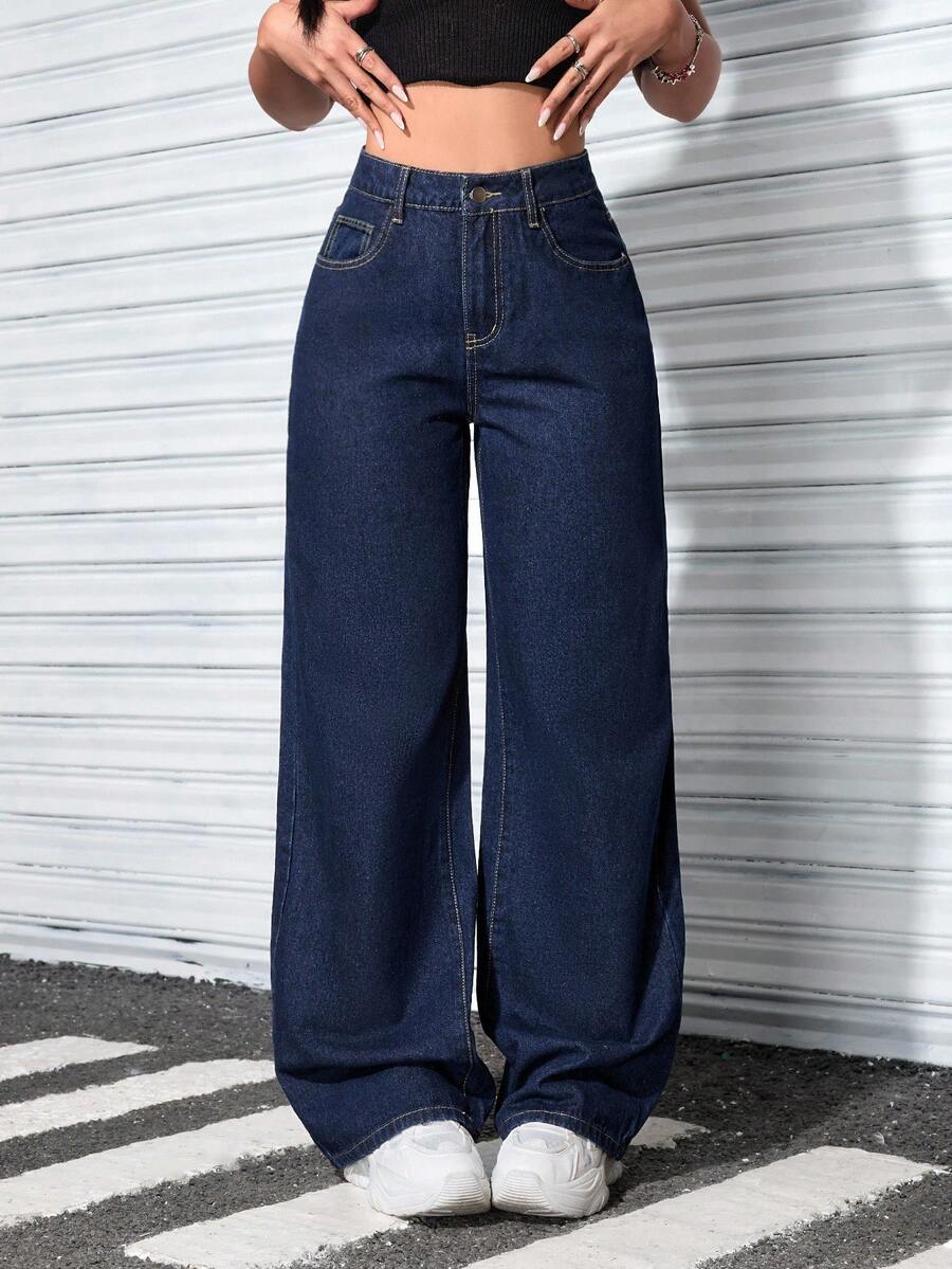 SHEIN ICON Jeans de mezclilla casuales de unicolor para mujer de talla grande, otoño/invierno - Azul lavado oscuro - Ver 1