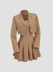 Sweetra Retro British Style Halter Pleated Dress & Casual Slim Fit Suit Set, Chic French Street Fashion For Early Autumn