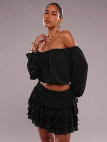 SHEIN BAE Women's Layered Ruffle Hem Versatile Mini/Skirt - Black - View 6