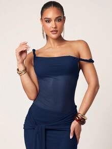 Silquee 女式纯色飘逸优雅连衣裙 - 藏蓝色 - 查看 5