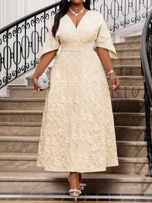 SHEIN Lady Spring And Summer Autumn And Winter Elegant Party Commuting Office Colorful Woven Notched Ball Gown Short Sleeve Kaftan Dress Plus Size Dresses Cream Dress Plus Size Floral Plus Size Dress - Multicolor - View 3