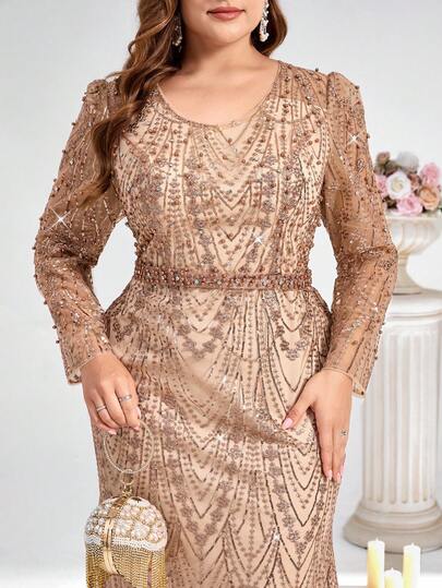 Coutiva Plus Size Elegant Gorgeous Sequin Embroidery Long Sleeve Pearl Rhinestone Design Autumn And Winter Dress Design Daily Wear, Party Dress, Dinner Dress, Wedding Guest Dress Luxury Evening Gown, Sequin And Pearl Cuff Design, Elegant Party Dress For Ladies, Long Sleeve Formal Dress, For Wedding Guest, Graduation, Dinner Rose Gold Dress Elegant Luxury Dress For Women Embellished Dress Long Sleeve Elegant Dress Beaded Dress, Valentine's Day