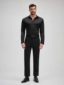 Officeau Men's Satin Fabric Long Sleeve Dress Shirt, Formal Business, Black, Fall, Old Money Men's Dress Shirt