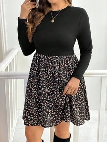 SHEIN Essnce Trang phục đi biển cỡ lớn cho phụ nữ, váy mùa thu cho phụ nữ và quần áo mùa đông cho phụ nữ, trang phục lễ tạ ơn cho phụ nữ, phong cách mới, thời trang và thanh lịch, người nổi tiếng trên Internet, chụp ảnh đường phố, đi làm, thiết kế vải hoa, váy ngắn màu đen xòe chữ A, váy thường ngày, váy dài tay, váy dài tay, váy giáng sinh cho phụ nữ, váy cho mẹ và bé - màu đen - Xem 1