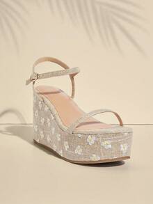 SHUZIA 女款花卉紋楔形厚底時尚涼鞋，適合派對穿搭 - 杏色 - 查看 4