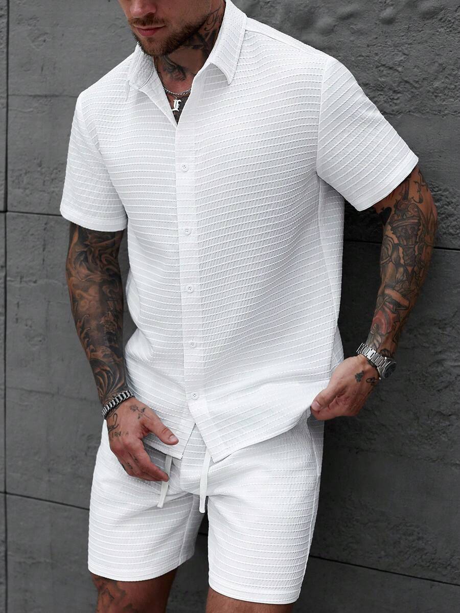 Manfinity Homme 纹理白色休闲翻领短袖衬衫