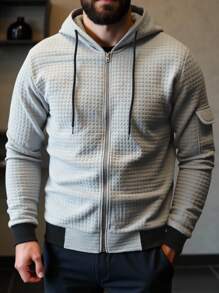 Manfinity Homme sweat-shirt à capuche zippé gris à manches longues et couleur unie pour homme grande taille, Sweat-shirt-shirt à capuche texturé, automne - Gris - Voir 1