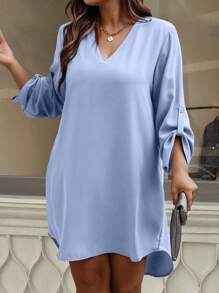 EMERY ROSE 大码休闲通勤纯色不对称下摆连衣裙 - 淺藍色 - 查看 3