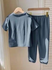 2件套年轻男童休闲舒适百搭图案印花短袖T恤和裤子套装 - 霧霾藍 - 查看 2