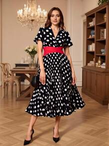 SHEIN Unity 大码女式短袖 V 领波尔卡圆点印花褶皱撞色连衣裙，适合夏季、返校、毕业典礼、节日、情人节、音乐节、母亲节、万圣节、感恩节、复活节、国庆节、舞会、约会、派对、婚礼、户外旅行