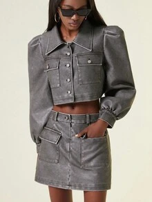 Aveloria GENKIRA Set de 2 piezas de traje informal de falda y top corto de alta calidad, chaqueta para mujer - Blanco y Negro - Ver 5