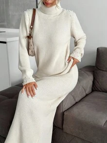 EURMUSE Elegant Turtle Neck Solid Color Rib Knit Pearl Embelishement Crop Balloon Sleeve Sweater & Maxi Fitted Rib Knit Solid Color Skirt 2 Pieces Knit Set For Fall Winter Women Outfits - Apricot - View 5