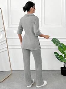 Cottnline Cotton Women's Solid Color Ribbed Ringer Top & Long Pants 2 Pieces Set, Summer Casual Outfit - Grey - View 2