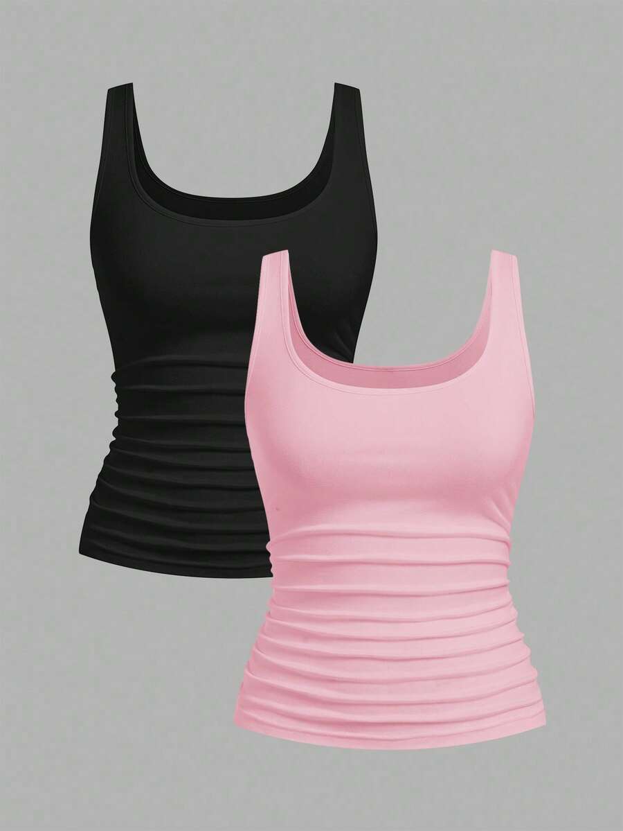 Slaydiva 2pcs/Set Women Casual Crew Neck Seamless Tight Fitting Camisole Top, Black & Pink, Versatile For Daily Wear