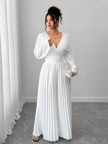SHEIN Tall CURVE Tuta elegante con gamba ampia e pieghe, colore unito, taglie comode - Bianco - Visualizzare 3