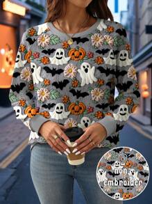 EMERY ROSE Plus Size Halloween Ghost Pumpkin & Bat Print Raglan Long Sleeve Sweatshirt Fall Cloth For Women Winter Autumn - Multicolor - View 1