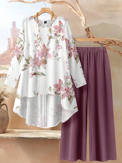 Rusticease 2pcs Women Vintage Floral Loose Fit Round Neck Long Sleeve Top And Pants Set, Suitable For Autumn/Winter Ladies Casual Sets Fall Clothes For Women