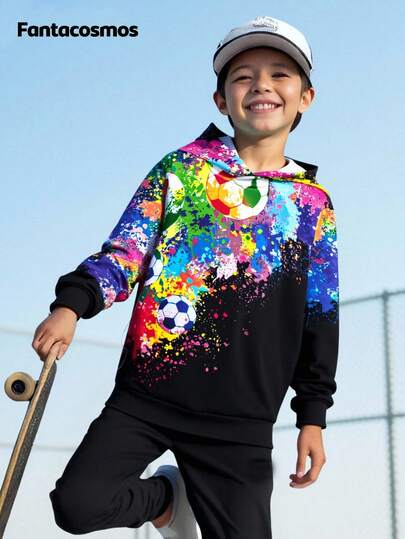 SHEIN Fantacosmos Tween Boy Casual Street Style Colorful Graphic Football Print Hoodie Sweatshirt, Suitable For Leisure And Sports Wear, School, Campus, College Chic Outfits For Autumn/Winter