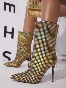 SHUZIA 金屬質感尖頭細跟高跟鞋靴子 - 金色 - 查看 5