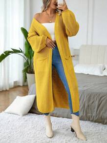 Elenzga Áo khoác cardigan dài màu trơn cỡ lớn, thường ngày cho mùa thu/đông - Màu vàng - Xem 6